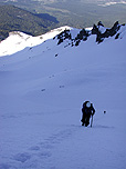 Climber approaching the upper mountain of Mount Shasta
